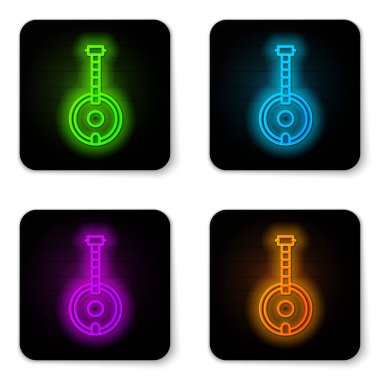 Parlayan neon çizgisi Banjo simgesi beyaz arkaplanda izole edildi. Müzik aleti. Siyah kare düğme. Vektör İllüstrasyonu