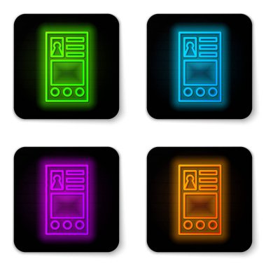 Parlayan neon hattı Beyaz arkaplanda izole edilmiş hesap ekranı simgesi oluştur. Siyah kare düğme. Vektör İllüstrasyonu