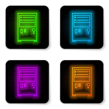 Parlayan neon hattı Bilgisayar simgesi beyaz arkaplanda izole edildi. Bilgisayar bileşeni işareti. Siyah kare düğme. Vektör İllüstrasyonu