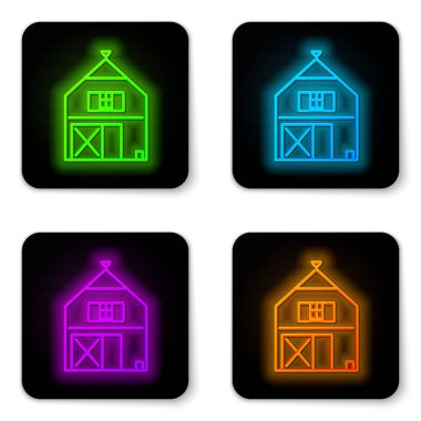 Parlayan neon hattı Farm House konsept simgesi beyaz arka planda izole edildi. Kırsal çiftlik manzarası. Siyah kare düğme. Vektör İllüstrasyonu