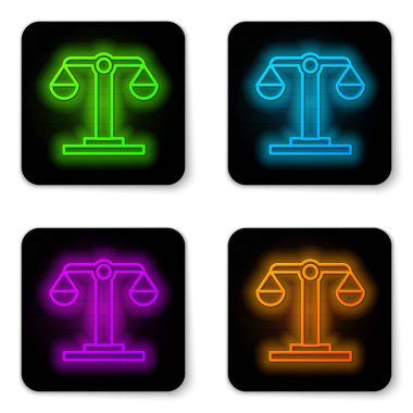 Parlayan neon hattı Terazi burç simgesi beyaz arkaplanda izole edildi. Astrolojik yıldız falı koleksiyonu. Siyah kare düğme. Vektör İllüstrasyonu