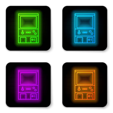 Parlayan neon hattı Retro oyun makinesi simgesi beyaz arkaplanda izole edildi. Siyah kare düğme. Vektör İllüstrasyonu