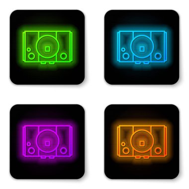 Parlayan neon hattı video oyun konsolu simgesi beyaz arkaplanda izole edildi. Siyah kare düğme. Vektör İllüstrasyonu