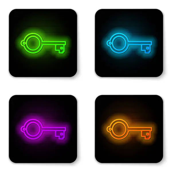 Glowing neon line Ancient key for game icon isolated on white background. Black square button. Vector Illustration — Stock Vector