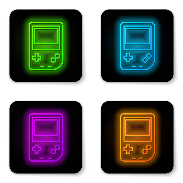 ネオンラインを光るポータブルビデオゲームコンソールアイコンは白い背景に隔離されています。ゲームパッドのサインだゲームのコンセプト。黒の四角形のボタンベクターイラスト — ストックベクタ