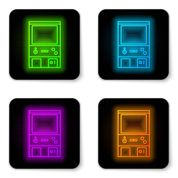 Lumineux néon ligne Retro arcade icône de la machine de jeu isolé sur fond blanc. Bouton carré noir. Illustration vectorielle — Image vectorielle