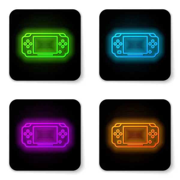 Linha de néon brilhante ícone de console de videogame portátil isolado no fundo branco. Sinal do Gamepad. Conceito de jogo. Botão quadrado preto. Ilustração vetorial —  Vetores de Stock