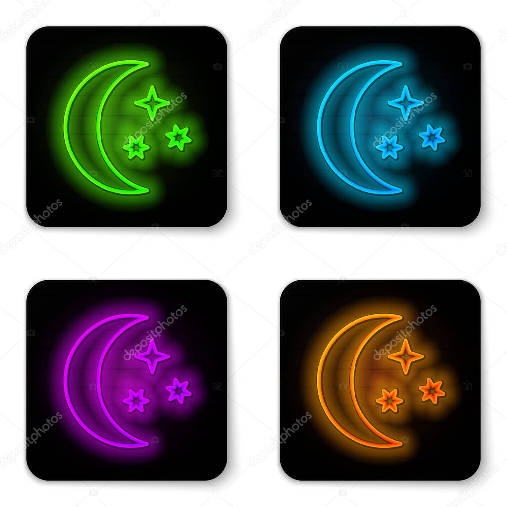 Glowing neon line Moon and stars icon isolated on white background. Black square button. Vector Illustration