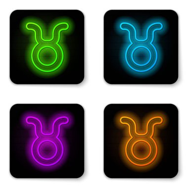 Parlayan neon hattı Taurus burç simgesi beyaz arka planda izole edildi. Astrolojik yıldız falı koleksiyonu. Siyah kare düğme. Vektör İllüstrasyonu