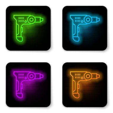 Parlayan neon hattı elektrikli matkap simgesi beyaz arkaplanda izole edildi. Tamir aleti. Siyah kare düğme. Vektör İllüstrasyonu