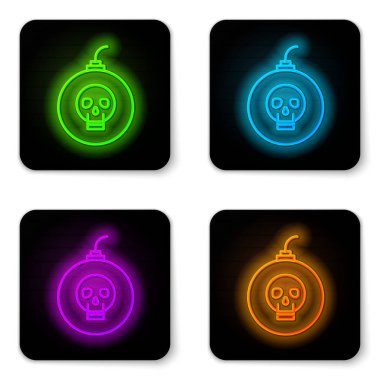 Parlayan neon hattı bombası beyaz arka planda izole edilmiş ikonu patlatmaya hazır. Mutlu Cadılar Bayramı Partisi. Siyah kare düğme. Vektör İllüstrasyonu