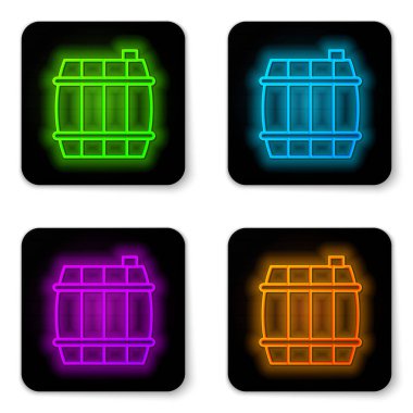 Parlayan neon hattı tahta varil ikonu beyaz arka planda izole edildi. Alkol fıçısı, içki kabı, bira için tahta fıçı, viski, şarap. Siyah kare düğme. Vektör İllüstrasyonu