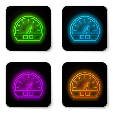 Parlayan neon çizgi hız göstergesi simgesi beyaz arkaplanda izole edildi. Siyah kare düğme. Vektör İllüstrasyonu