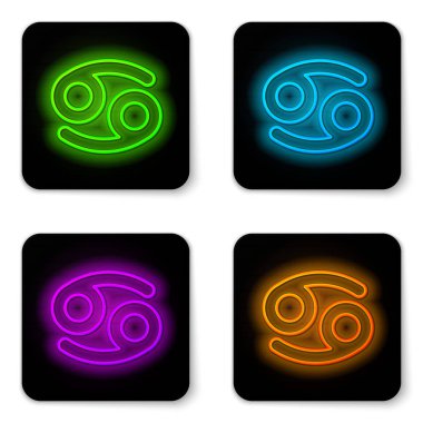 Parlak neon hattı Kanser burcu simgesi beyaz arka planda izole edildi. Astrolojik yıldız falı koleksiyonu. Siyah kare düğme. Vektör İllüstrasyonu