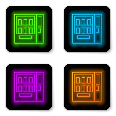 Parlayan neon hattı yiyecek ve içecek otomatı otomatikman satış simgesi beyaz arka planda izole. Siyah kare düğme. Vektör İllüstrasyonu