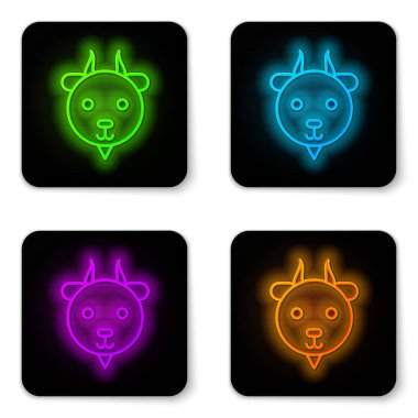Parlayan neon çizgisi Aries burç simgesi beyaz arka planda izole edildi. Astrolojik yıldız falı koleksiyonu. Siyah kare düğme. Vektör İllüstrasyonu