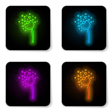 Parlayan neon hattı Çiçek beyaz arkaplanda izole edilmiş atmosfer ikonunda polen üretiyor. Siyah kare düğme. Vektör İllüstrasyonu