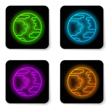 Parlayan neon hattı Merkür gezegeni simgesi beyaz arkaplanda izole edildi. Siyah kare düğme. Vektör İllüstrasyonu