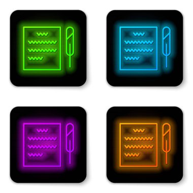 Parlak neon hattı Tüy kalem ve kağıt kaydırma simgesi beyaz arkaplanda izole edildi. Siyah kare düğme. Vektör İllüstrasyonu