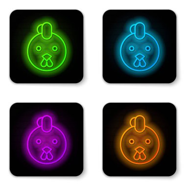 Parlayan neon hattı Rooster burç simgesi beyaz arka planda izole edildi. Astrolojik yıldız falı koleksiyonu. Siyah kare düğme. Vektör İllüstrasyonu