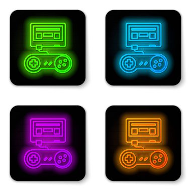 Beyaz arkaplanda izole edilmiş joystick simgesi olan parlak neon hattı video oyun konsolu. Siyah kare düğme. Vektör İllüstrasyonu