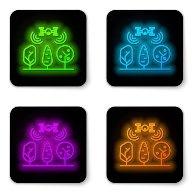Parlayan neon hattı İHA kontrollü Smart çiftliği ve beyaz arka planda izole edilmiş ağaç simgesi. Tarım şirketi için icat teknolojisi. Siyah kare düğme. Vektör İllüstrasyonu