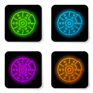 Caliper simgesi beyaz arkaplanda izole edilmiş parlak neon çizgili araba fren diski. Siyah kare düğme. Vektör İllüstrasyonu