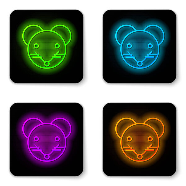 Glowing neon line Rat zodiac sign icon isolated on white background. Astrological horoscope collection. Black square button. Vector Illustration