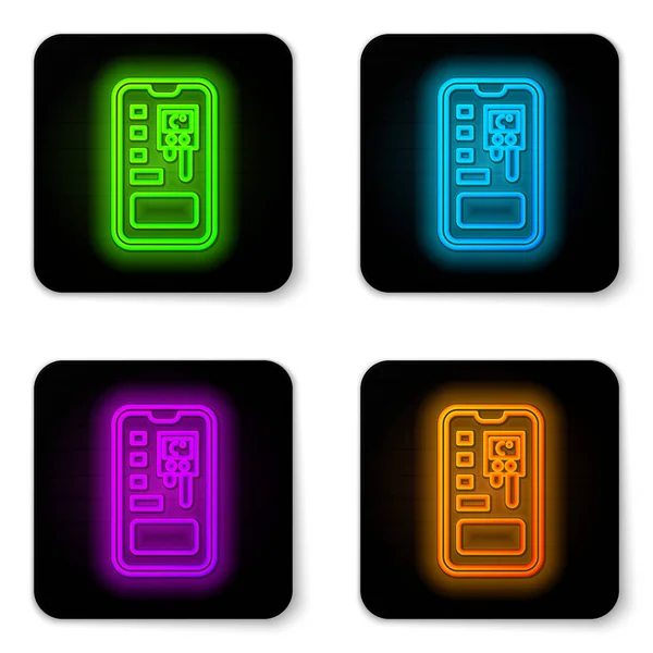 Glowing neon line Smart control farming system mobile application icon isolated on white background. Black square button. Vector Illustration — Stock Vector