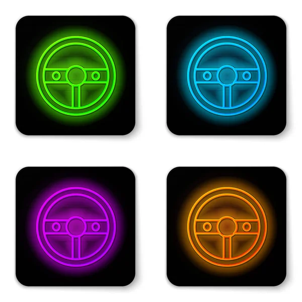 Glowing neon line Steering wheel icon isolated on white background. Car wheel icon. Black square button. Vector Illustration — Stock Vector