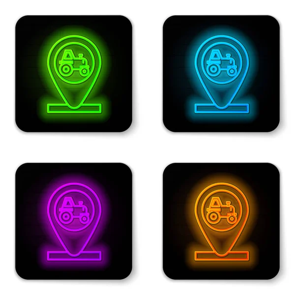 Glowing neon line Tractor and location icon isolated on white background. Black square button. Vector Illustration — Stock Vector