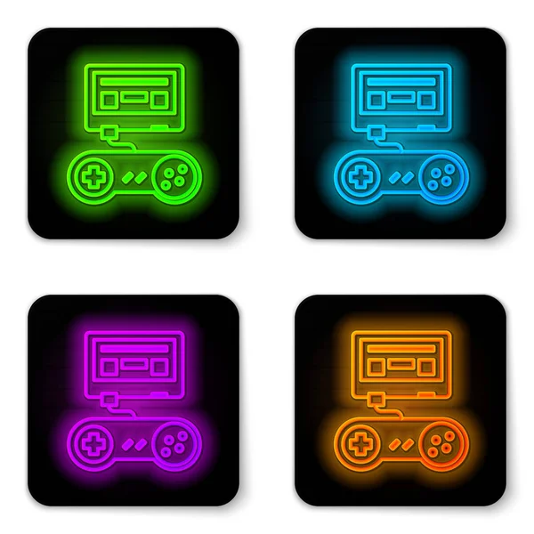 Beyaz arkaplanda izole edilmiş joystick simgesi olan parlak neon hattı video oyun konsolu. Siyah kare düğme. Vektör İllüstrasyonu
