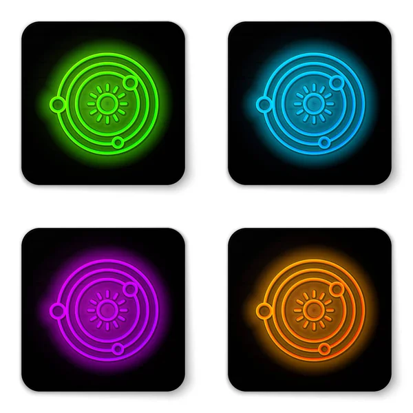 Glowing neon line Solar system icon isolated on white background. The planets revolve around the star. Black square button. Vector Illustration — Stock Vector