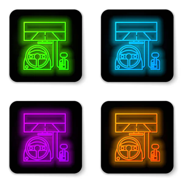 Glowing neon line Racing simulator cockpit icon isolated on white background. Gaming accessory. Gadget for driving simulation game. Black square button. Vector Illustration — Stock Vector