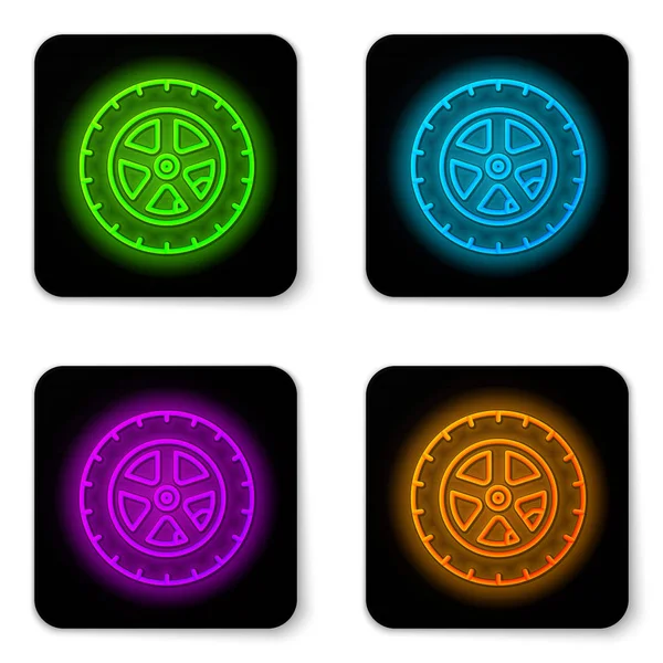 Glowing neon line Car wheel icon isolated on white background. Black square button. Vector Illustration — Stock Vector