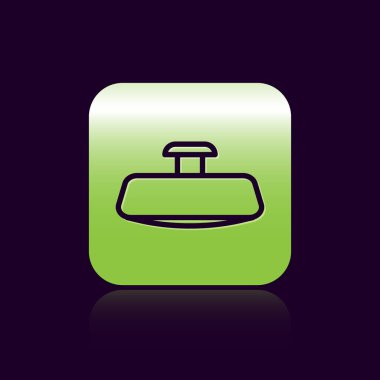 Siyah çizgi araba aynası simgesi siyah arkaplanda izole edildi. Yeşil kare düğmesi. Vektör İllüstrasyonu