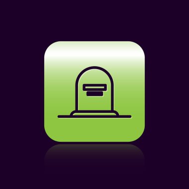 Siyah renkli Tombstone çizgisi üzerinde Rip yazılı simgesi siyah arkaplanda izole edilmiş. Mezar ikonu. Yeşil kare düğmesi. Vektör İllüstrasyonu