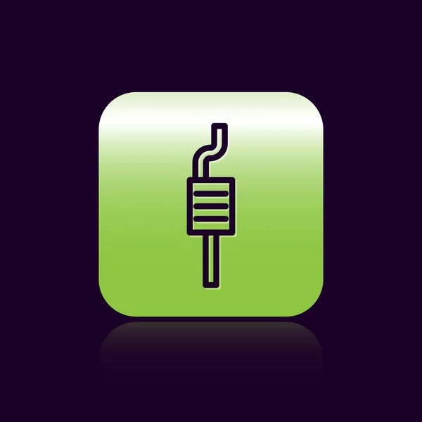 Schwarze Linie Auto Schalldämpfer Symbol isoliert auf schwarzem Hintergrund. Auspuffrohr. grüne quadratische Taste. Vektorillustration — Stockvektor