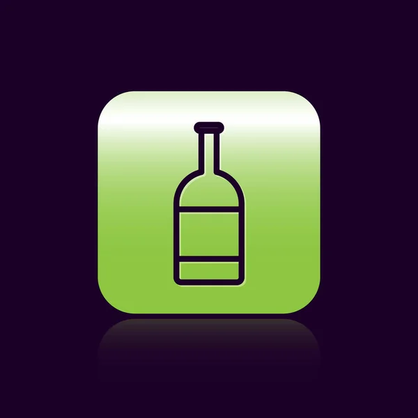 黒線黒の背景に隔離されたビールボトルアイコン。緑の四角形のボタンベクターイラスト — ストックベクタ