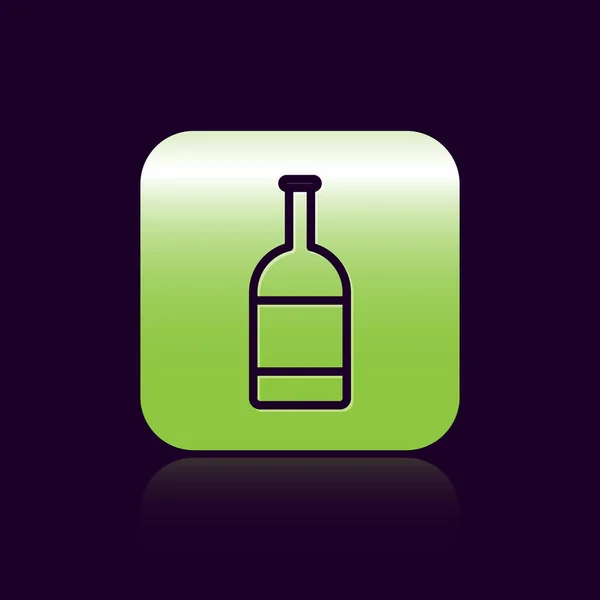 Línea negra Icono de la botella de cerveza aislado sobre fondo negro. Botón cuadrado verde. Ilustración vectorial — Vector de stock