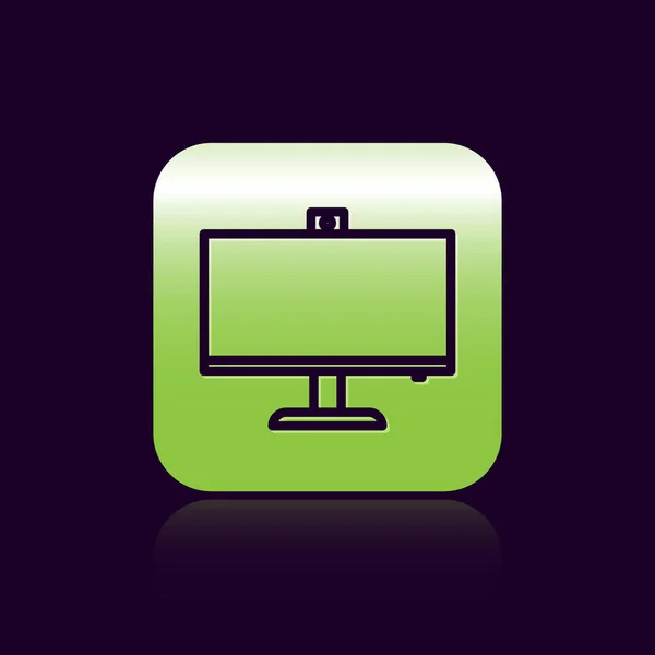 Black line Computer monitor icon isolated on black background. PC component sign. Green square button. Vector Illustration