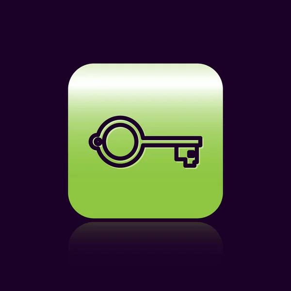 Black line Ancient key for game icon isolated on black background. Green square button. Vector Illustration — Stock Vector