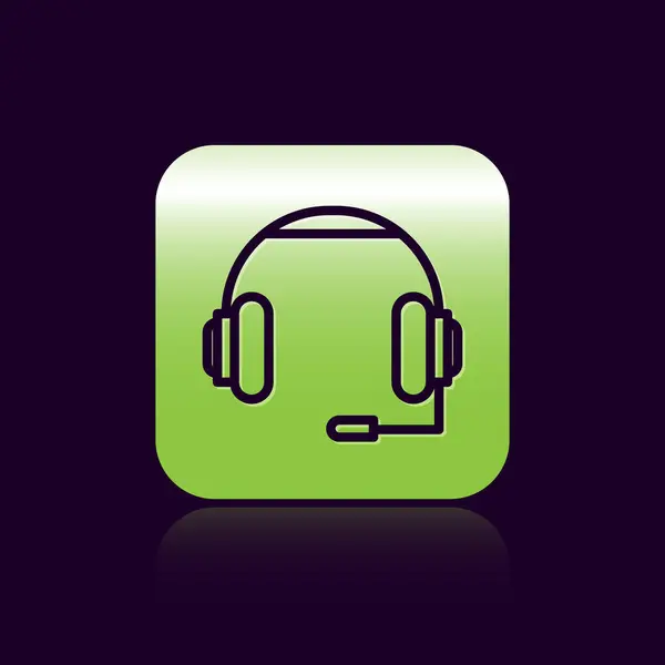 Black Line Kopfhörer Icon isoliert auf schwarzem Hintergrund. Kopfhörer. Konzept zum Hören von Musik, Service, Kommunikation und Bedienung. grüne quadratische Taste. Vektorillustration — Stockvektor