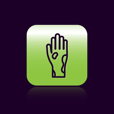 Siyah Çizgili El, sedef hastalığı ya da egzama ikonu olan siyah arka planda. Alerjene veya kronik vücut sorununa karşı insan derisi tepkisi kavramı. Yeşil kare düğmesi. Vektör İllüstrasyonu