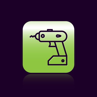 Siyah çizgi elektrik kablosuz tornavida simgesi siyah arkaplanda izole edildi. Elektrikli matkap. Tamir aleti. Yeşil kare düğmesi. Vektör İllüstrasyonu