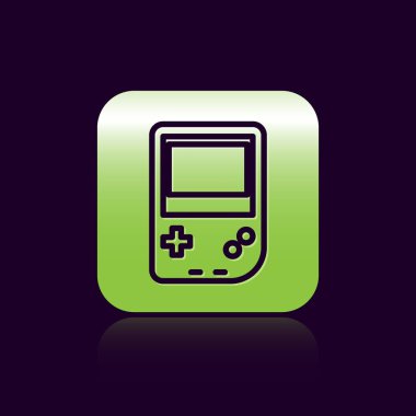Siyah çizgi taşınabilir oyun konsolu simgesi siyah arkaplanda izole edildi. Av alanı tabelası. Oyun konsepti. Yeşil kare düğmesi. Vektör İllüstrasyonu