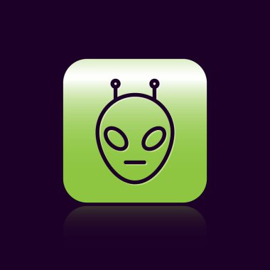 Siyah çizgi uzaylı simgesi siyah arkaplanda izole edildi. Uzaylı yüzü ya da kafa sembolü. Yeşil kare düğmesi. Vektör İllüstrasyonu