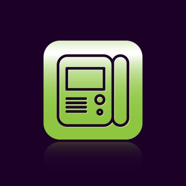 Siyah çizgi House dahili iletişim sistemi simgesi siyah arkaplanda izole edildi. Yeşil kare düğmesi. Vektör İllüstrasyonu