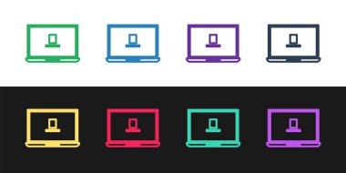 Dizüstü bilgisayar simgesini siyah beyaz arkaplanda izole et. Boş ekran işaretli bilgisayar defteri. Vektör İllüstrasyonu