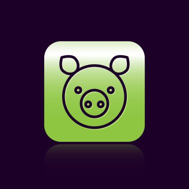 Siyah çizgi domuz burcu simgesi siyah arka planda izole edildi. Astrolojik yıldız falı koleksiyonu. Yeşil kare düğmesi. Vektör İllüstrasyonu